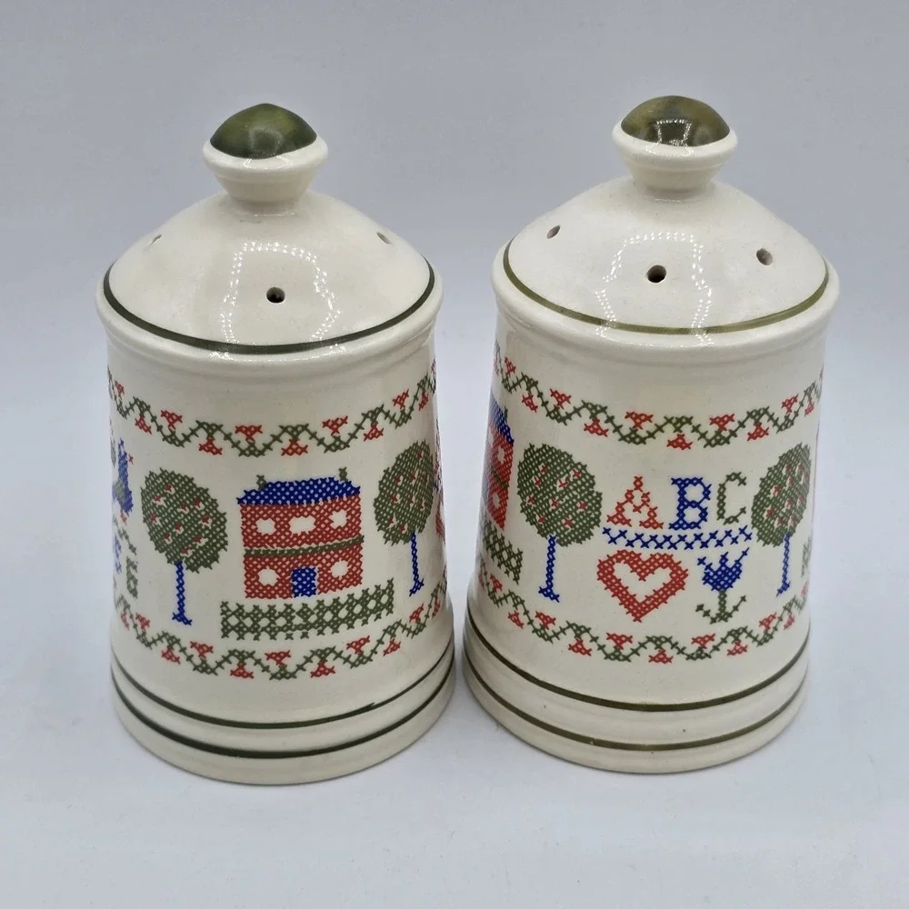 Vintage Cross Stitch Sampler Ceramic Salt and Pepper Shakers Cottagecore ABC 123